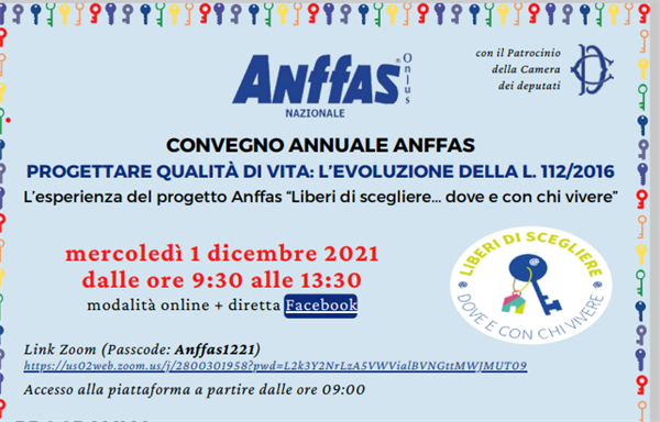 CONVEGNO ANFFAS - "PROGETTARE QUALITÀ DI VITA: L’EVOLUZIONE CON LA L. 112/2016" - 1 dicembre 2021