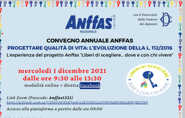 CONVEGNO ANFFAS - "PROGETTARE QUALITÀ DI VITA: L'EVOLUZIONE CON LA L. 112/2016" - 1 dicembre 2021