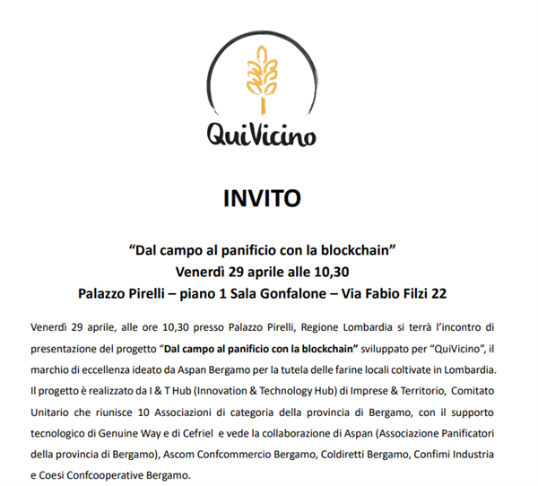 Dal campo al panificio con la blockchain - Venerdì 29 aprile alle 10,30 Palazzo Pirelli – piano 1 Sala Gonfalone – Via Fabio Filzi 22