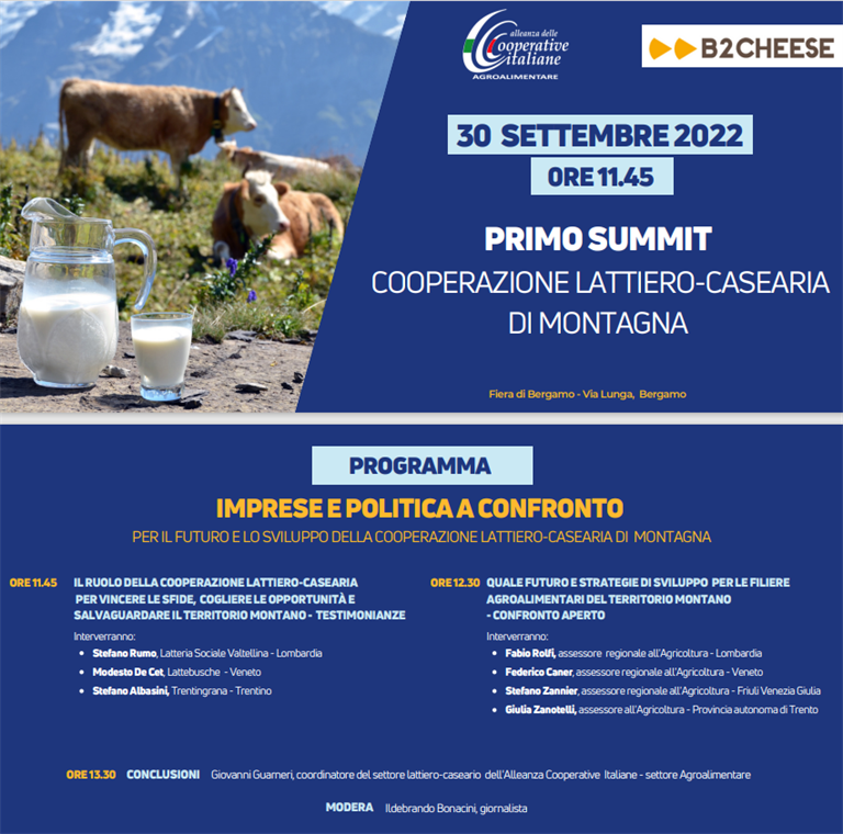 30 settembre ore 11.45 - Primo Summit cooperazione lattiero caseario di montagna in Fiera a Bergamo