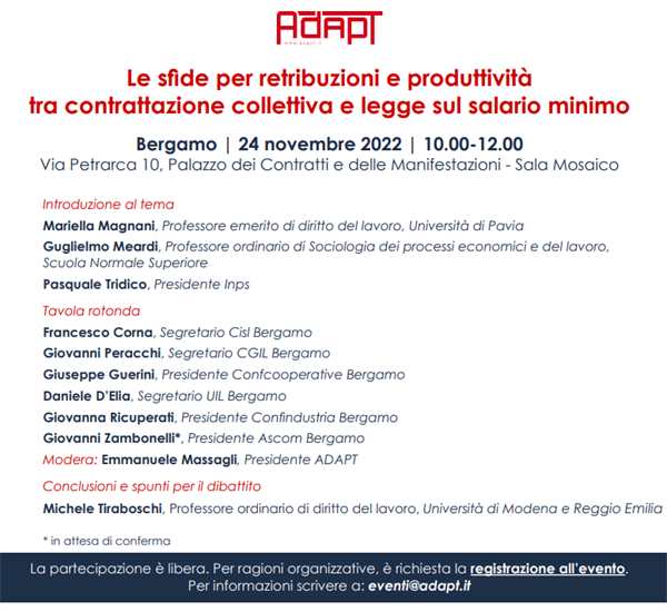 Incontro ADAPT 24 novembre ore 10: "Le sfide per retribuzioni e produttività tra contrattazione collettiva e legge sul salario minimo"