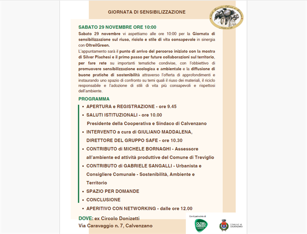 Giornata di sensibilizzazione sul riuso, riciclo e stili di vita consapevoli – 29 novembre a Calvenzano